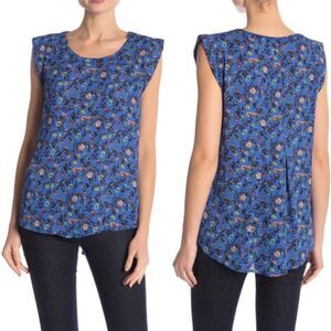 Pleione Crewneck Cap Sleeves Floral Blue Blouse XS